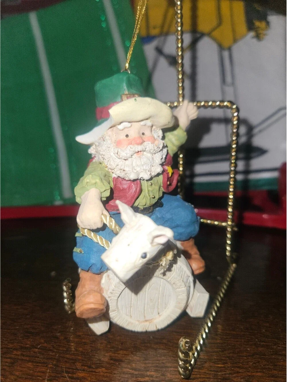 Vintage Cowboy Santa Claus Christmas Ornament Riding Wooden Horse